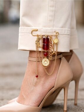 Gold and Burgundy Dangle Safety Pin Brooch - Women Jewelry